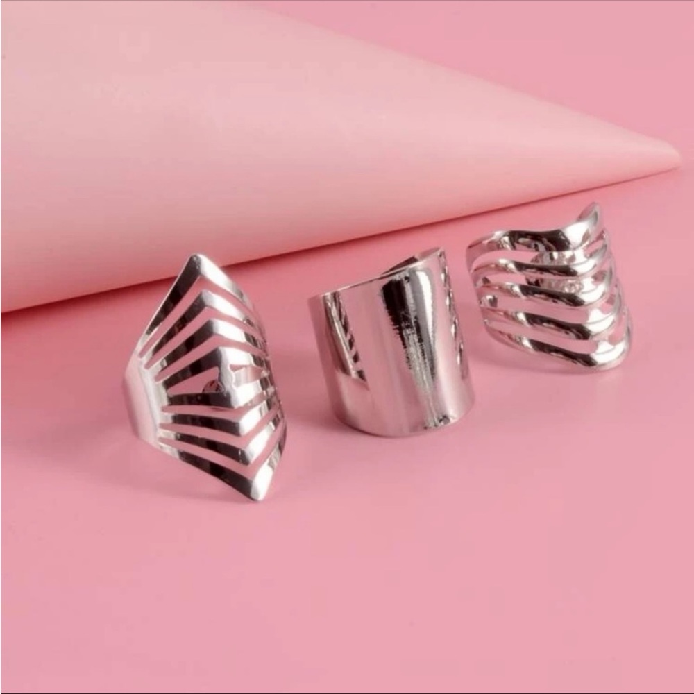 3-Piece Silver Cuff Ring Set, Adjustable - Picture 2 of 4